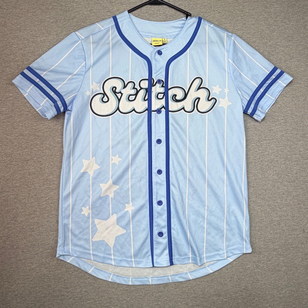 Disney Lilo & Stitch Baseball Jersey Light Blue Pinstripe Star Shirt Small